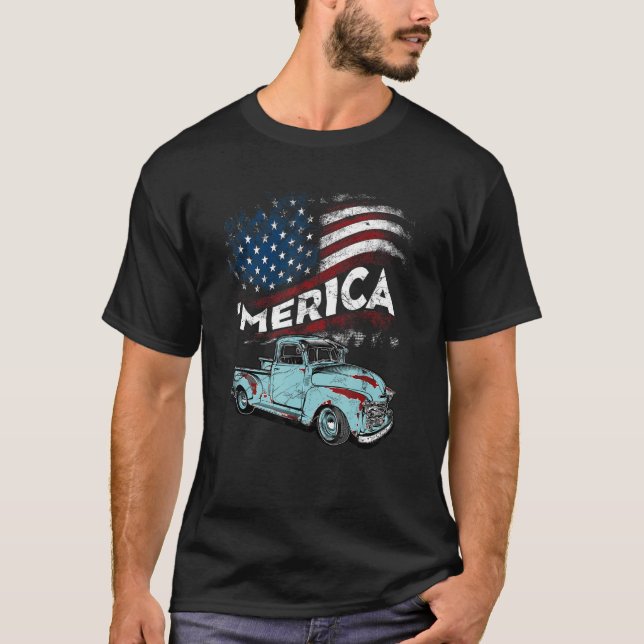 Camiseta Clásico Camión Merica Bandera Americana Con Recogi (Anverso)