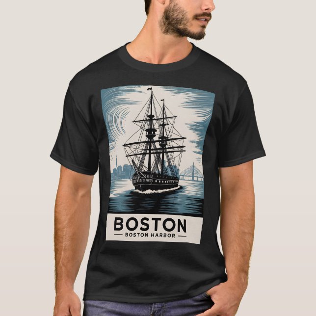 Camiseta Classic Boston Harbor Massachusetts Vintage Ship (Anverso)