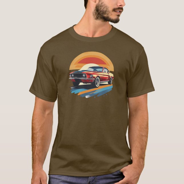 Camiseta Classic Red Mustang with Retro Sunset Background (Anverso)