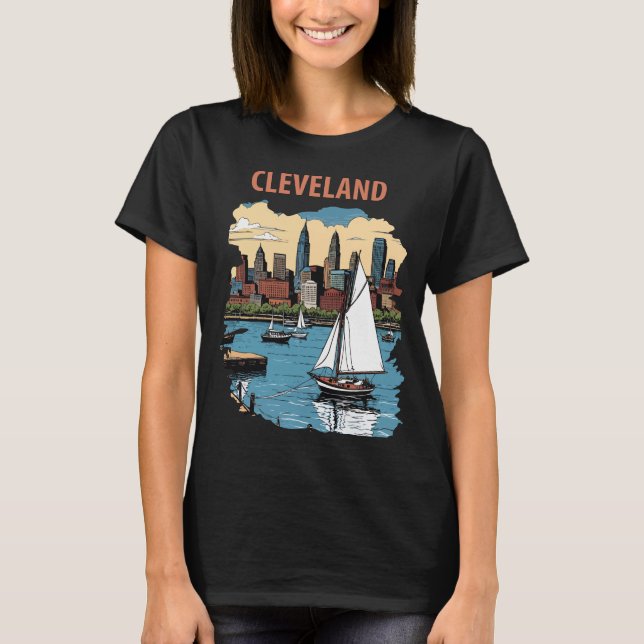 Camiseta Cleveland Ohio horizonte Sailboat Viajes (Anverso)