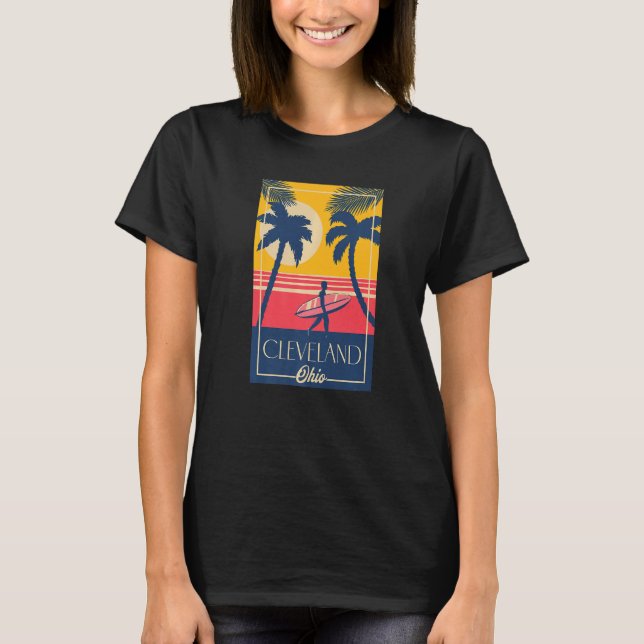 Camiseta Cleveland Ohio Retro Palm Trees Surfer Beach (Anverso)
