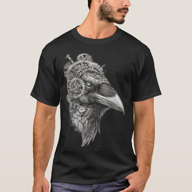 Camiseta Clockwork Raven Portrait — Pen-and-Ink Steampunk  (Anverso)