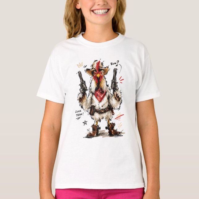 Camiseta ¡Cluck Yeah! Gallo Vaquero con Pistolas (Anverso)
