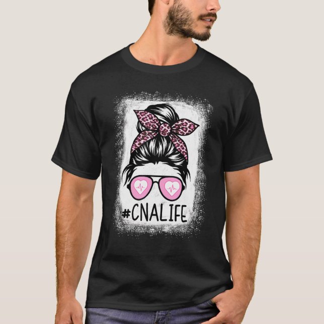 Camiseta Cna Nurse Life Bleached Pink Leopard Messy Bun Wom (Anverso)