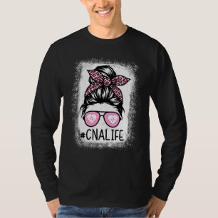Camiseta Cna Nurse Life Bleached Pink Leopard Messy Bun Wom
