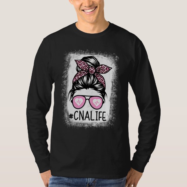 Camiseta Cna Nurse Life Bleached Pink Leopard Messy Bun Wom (Anverso)