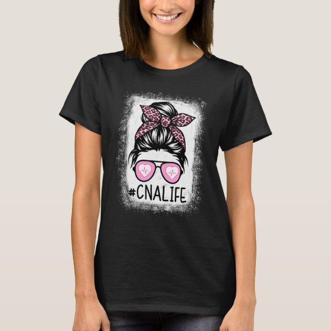 Camiseta Cna Nurse Life Bleached Pink Leopard Messy Bun Wom (Anverso)
