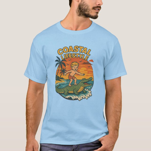 Camiseta Coastal Lifestyle Gator Surfing - Retro Surf Beach (Anverso)