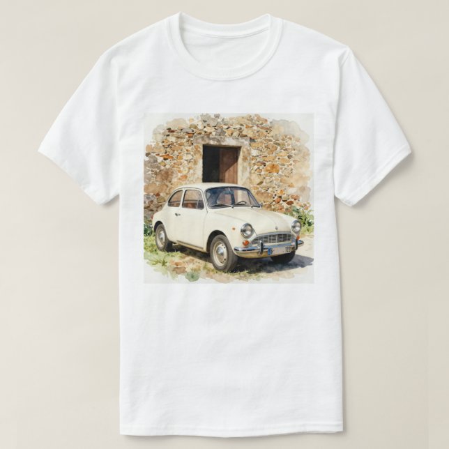 Camiseta Coche Antiguo junto a Edificio de Piedra (Diseño del anverso)