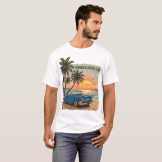 Camiseta Coche azul clásico en una playa tropical al atarde