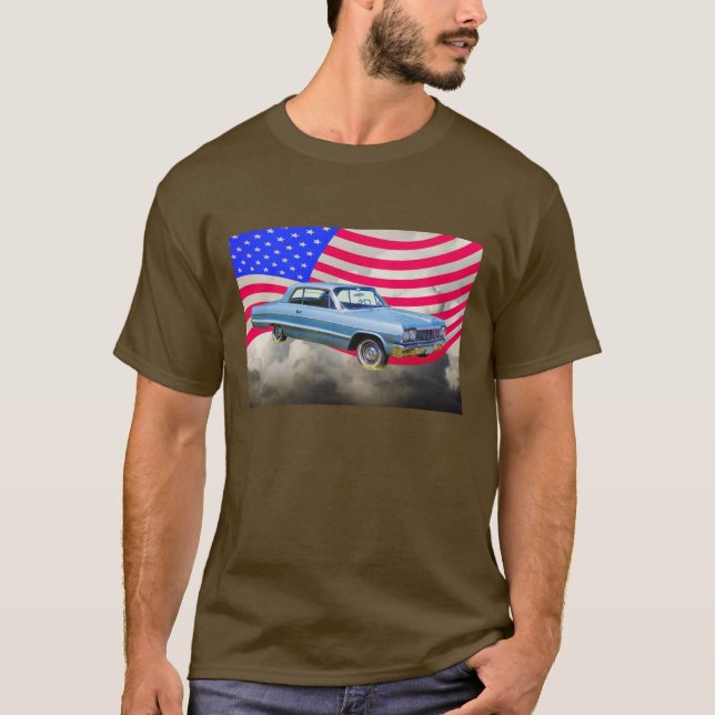 Camiseta Coche Chevrolet Impala Y Bandera Estadounidense De (Anverso)