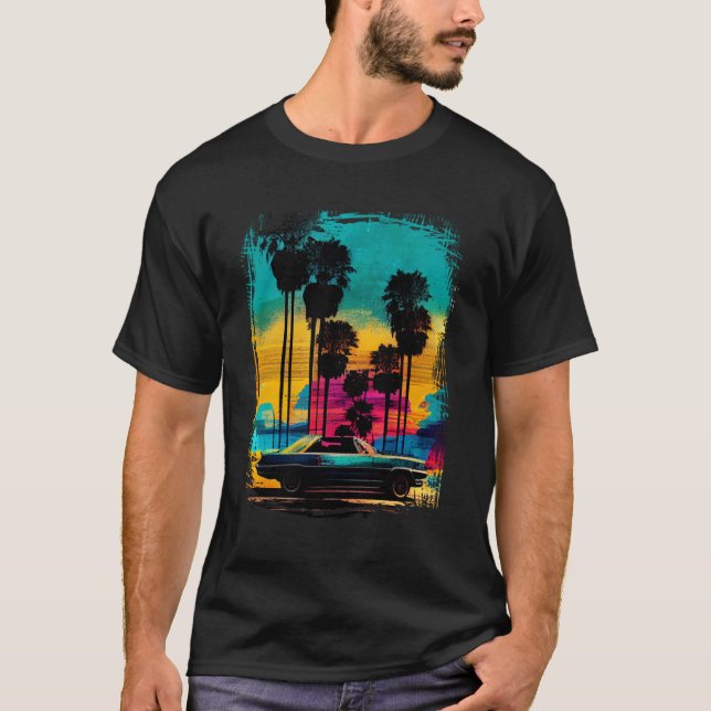 Camiseta Coche clásico vintage y palm Tree Sunset 80s 90s A (Anverso)