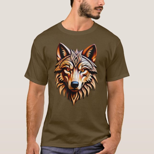 Camiseta Coche de Arte de Lobo de Madera con Patrones Geomé (Anverso)