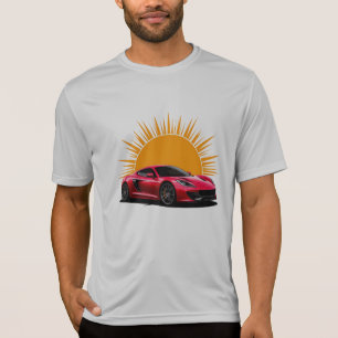 Camiseta Coche deportivo elegante contra puesta de sol vibr