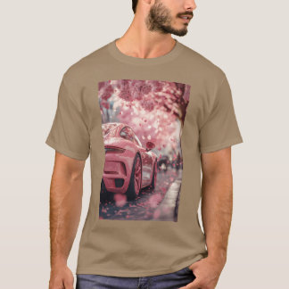 Camiseta Coche deportivo rosa flores de cerezo retro