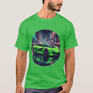 Camiseta Coche deportivo verde en calle de neón lluviosa