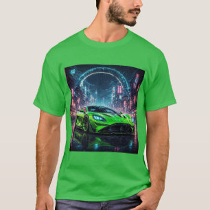 Camiseta Coche Deportivo Verde en Calle de Neón Lluviosa