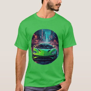 Camiseta Coche deportivo verde en calle de neón lluviosa