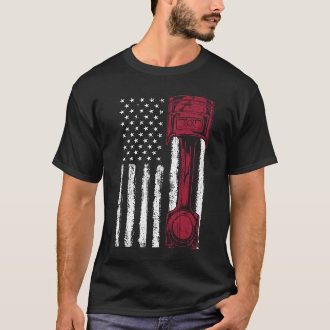Camiseta Coche muscular de pistón de bandera estadounidense (Anverso)