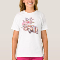 Coche vintage floral de acuarela rosa con tema de