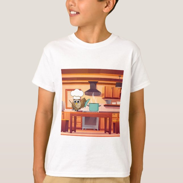 Camiseta Cocina de lechuza chef en cocina (Anverso)
