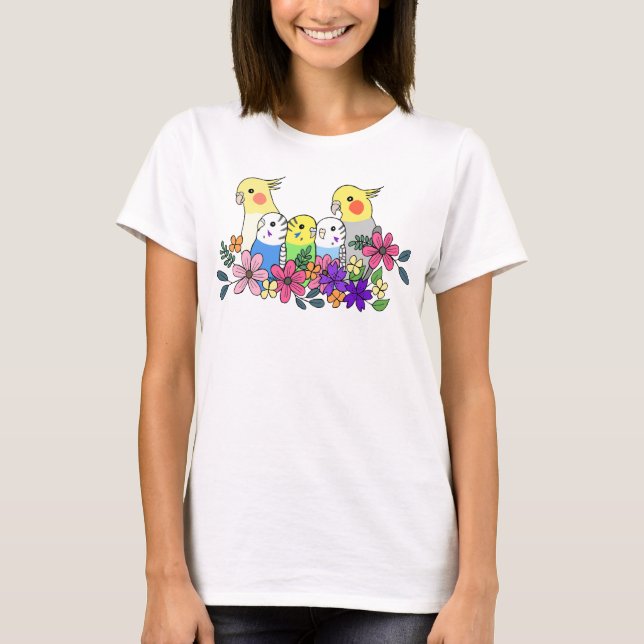 Camiseta Cockatiel Budgie Parakeet con pájaro mascota de fl (Anverso)