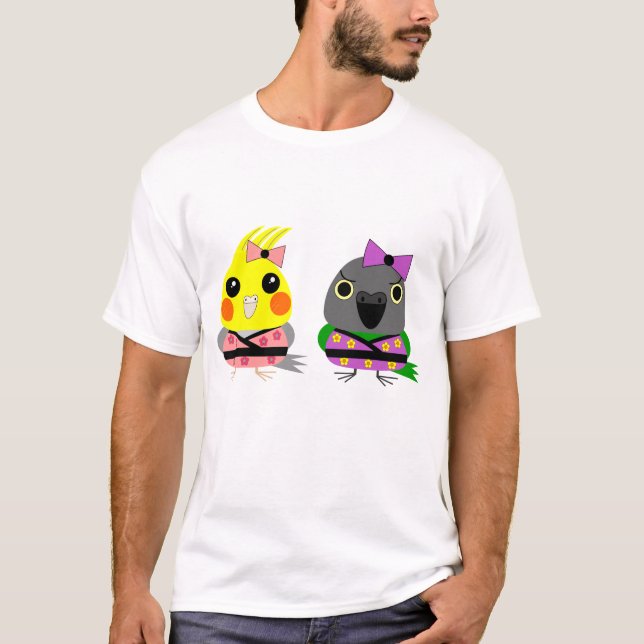 Camiseta Cockatiel y loro de Senegal en kimonos (Anverso)
