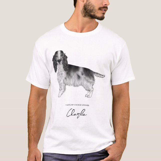 Camiseta Cocker Spaniel en negro y blanco con texto persona (Anverso)