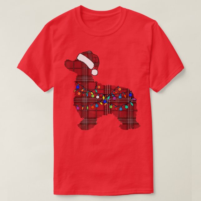 Camiseta Cocker Spaniel Santa Claus hat fairy lights ugly C (Diseño del anverso)