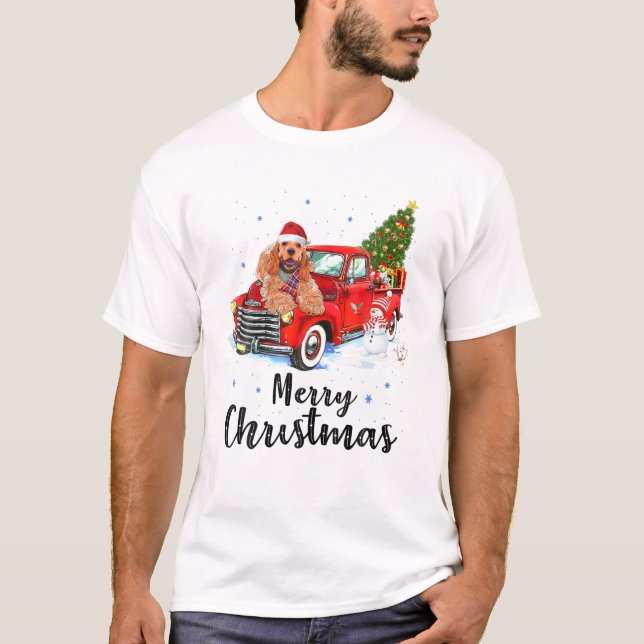 Camiseta Cocker Spaniel viaja con Navidades de camiones roj (Anverso)