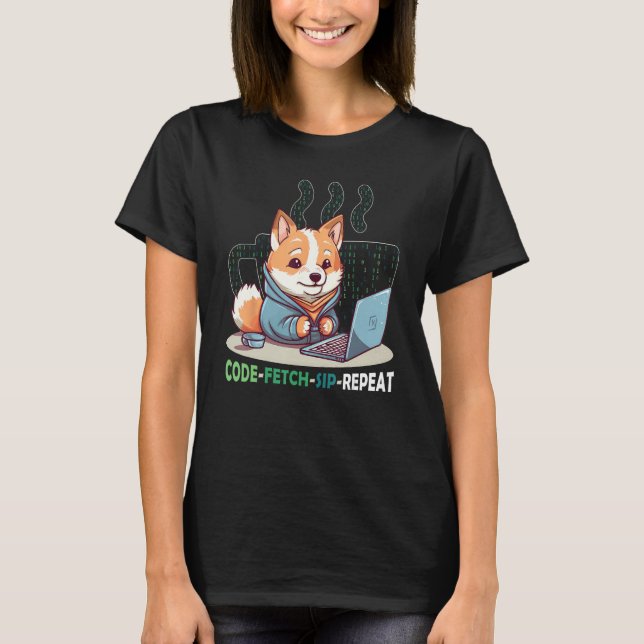 Camiseta Code Fetch Sip Repeat Coffee Binary Shiba Inu Prog (Anverso)