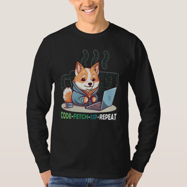 Camiseta Code Fetch Sip Repeat Coffee Binary Shiba Inu Prog (Anverso)