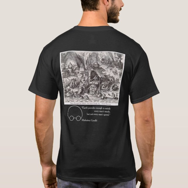 Camiseta Codicia, vistas de Bruegel y Gandhi (Reverso)