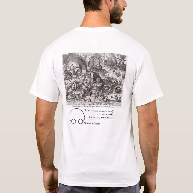 Camiseta Codicia, vistas de Bruegel y Gandhi (Reverso)
