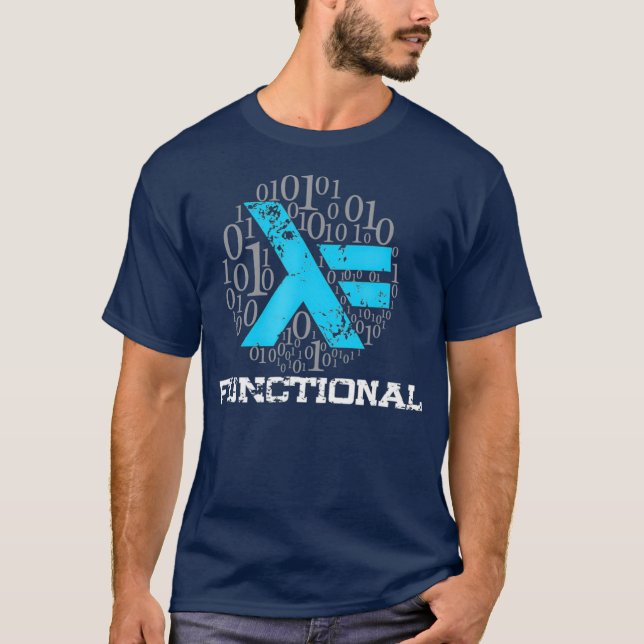 Camiseta Codificación funcional Haskell Merch blanco y azul (Anverso)