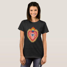 Camiseta Cœur Sacré Mexicain avec Œil Protecteur et Flamme 