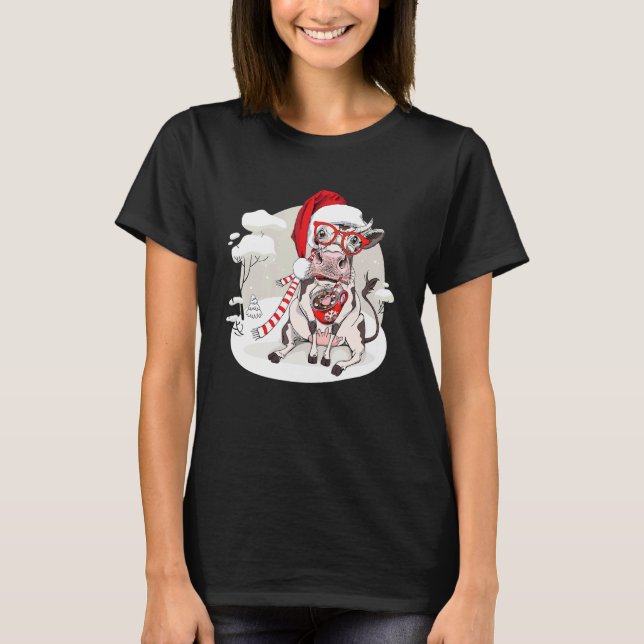 Camiseta Coffee Cow Christmas Lights Cute Xmas Santa Hat An (Anverso)