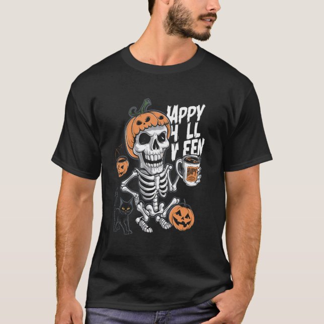 Camiseta Coffee Drinking Skeleton Pumpkin Halloween Costume (Anverso)