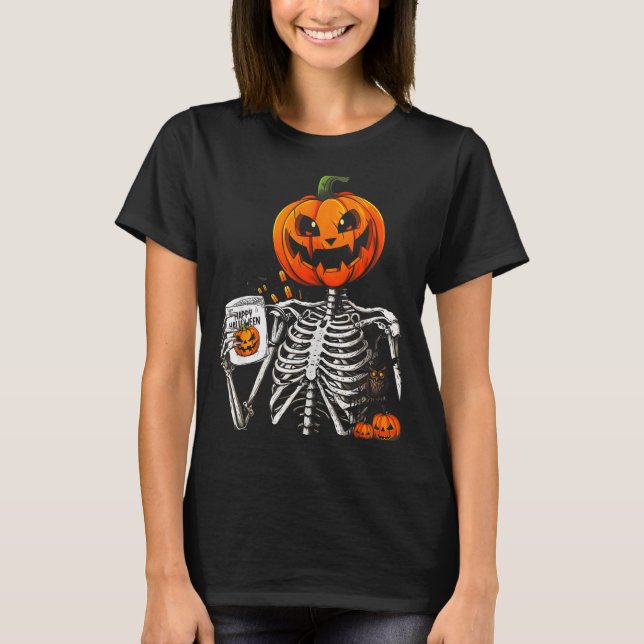 Camiseta Coffee Drinking Skeleton Pumpkin Halloween Costume (Anverso)