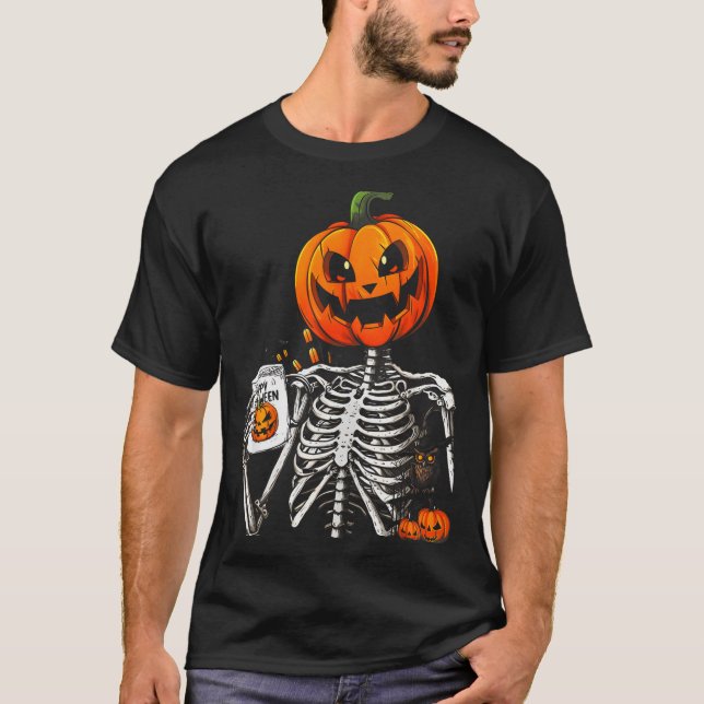 Camiseta Coffee Drinking Skeleton Pumpkin Halloween Costume (Anverso)
