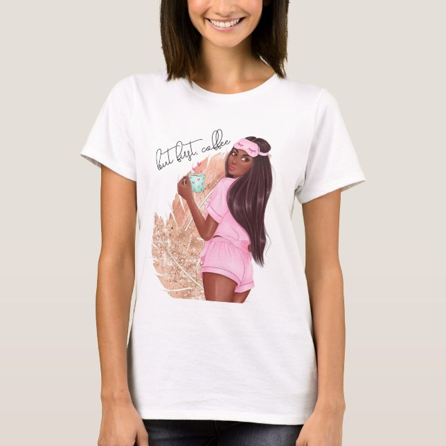 Camiseta Coffee Faux Purpurina Chica Red Hair Brown Rosa (Anverso)