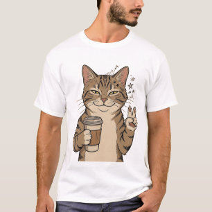 Camiseta "Coffee-Loving Cat" Cotton T-Shirt