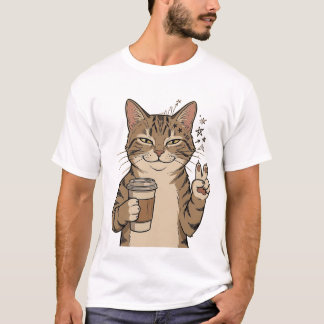Camiseta "Coffee-Loving Cat" Cotton T-Shirt