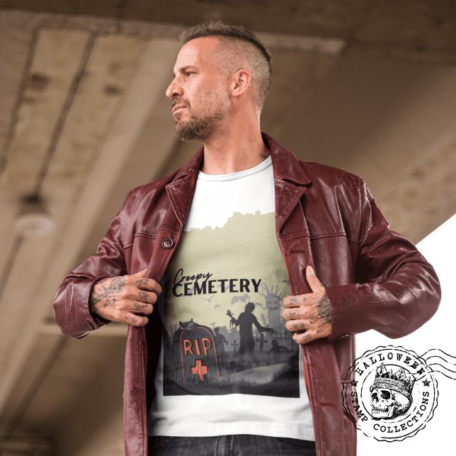 Camiseta Colección de sellos de Halloween "Cementerio de Cr (Creepy Cemetery T-shirt cover from The Beekeeper Store)