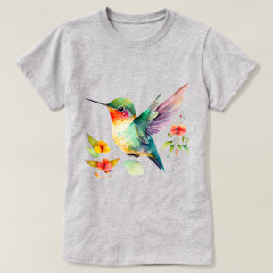 Camiseta Colibrí acuarela con flores de colores