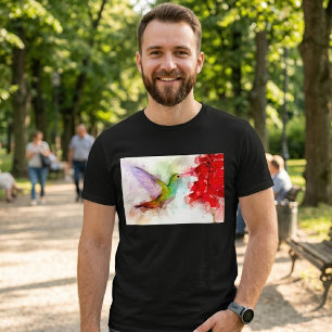 Camiseta Colibrí al agua pintado alimentándose de una flor