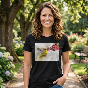 Camiseta Colibrí alimentándose de flor rosa Acuarela