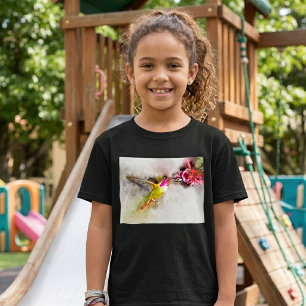 Camiseta Colibrí alimentándose de flor rosa Acuarela