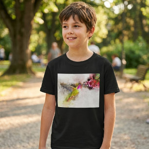 Camiseta Colibrí alimentándose de flor rosa Acuarela