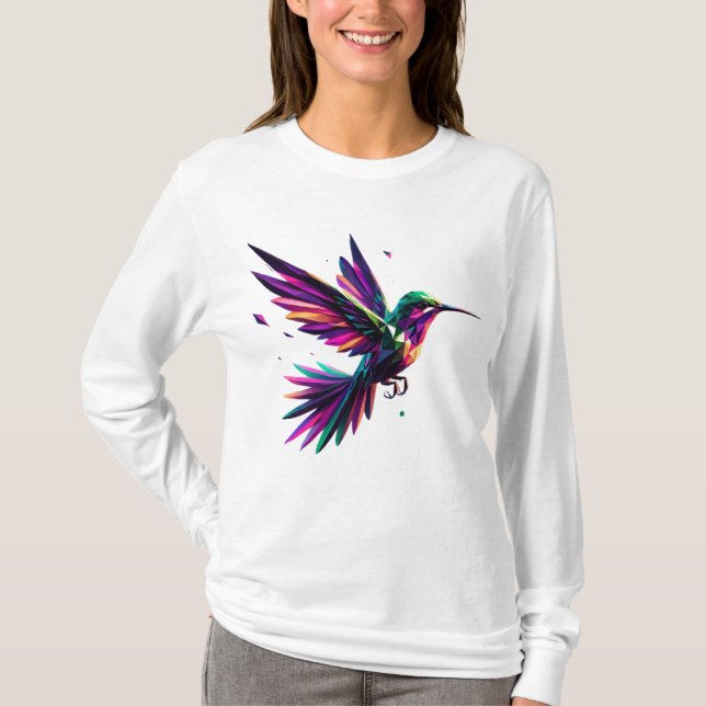 Camiseta Colibrí Arcoíris Geométrico – Arte Moderno Vibrant (Anverso)